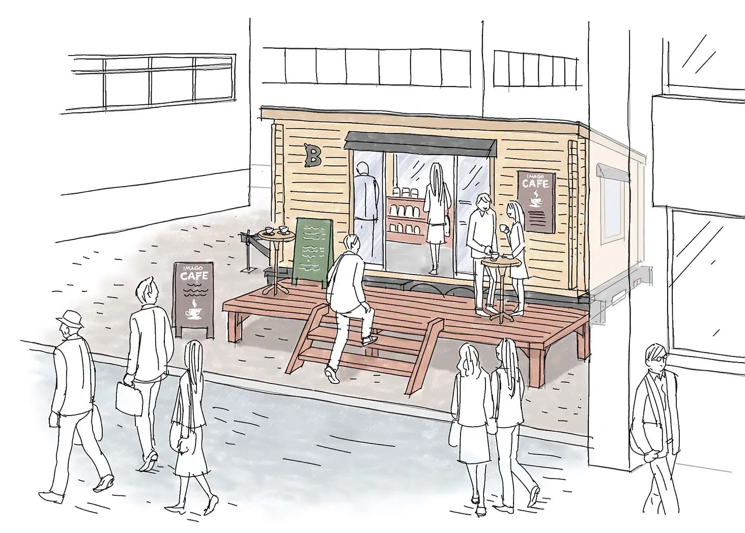 移動式ログ小屋IMAGOを活用した都市型カフェのイメージスケッチ